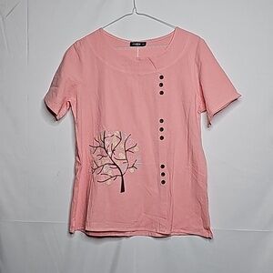 Izuria pink button accent tree design short sleep scoop beck top shirt sz LG